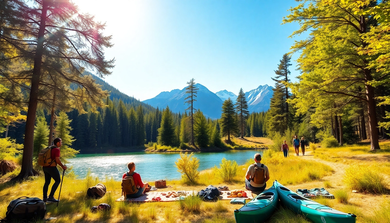 Engaging outdoor adventure scene highlighting activities at www.sudswild.com with people kayaking and hiking.