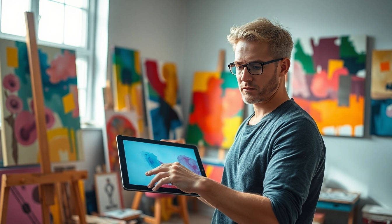 Artist using AI image generator Australia in a vibrant studio to create artwork.