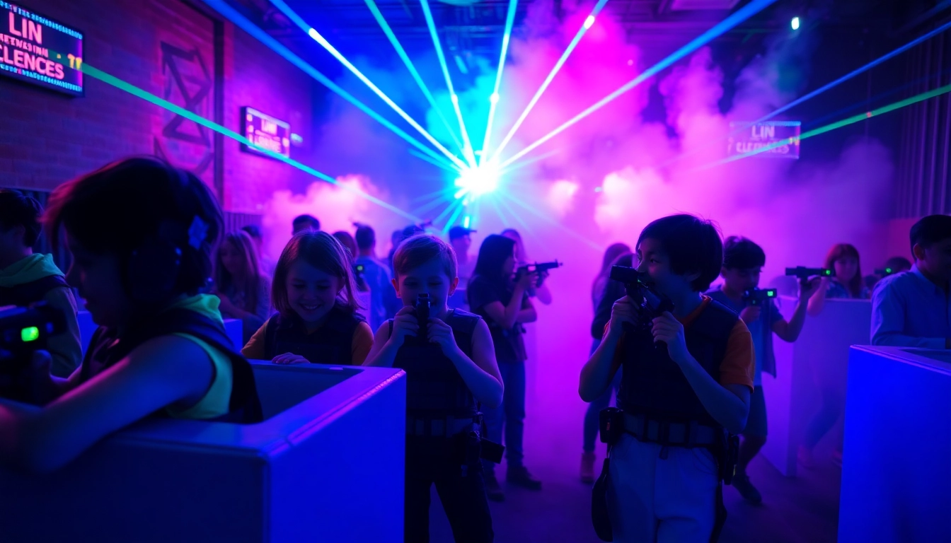 Exciting laser tag game in a vibrant arena with players dressed in gear, showcasing action and energy.