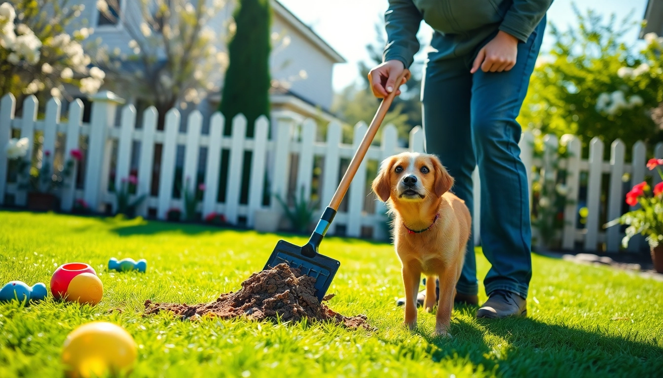 Professional dog poop cleaning service technician scoops waste in a clean backyard.