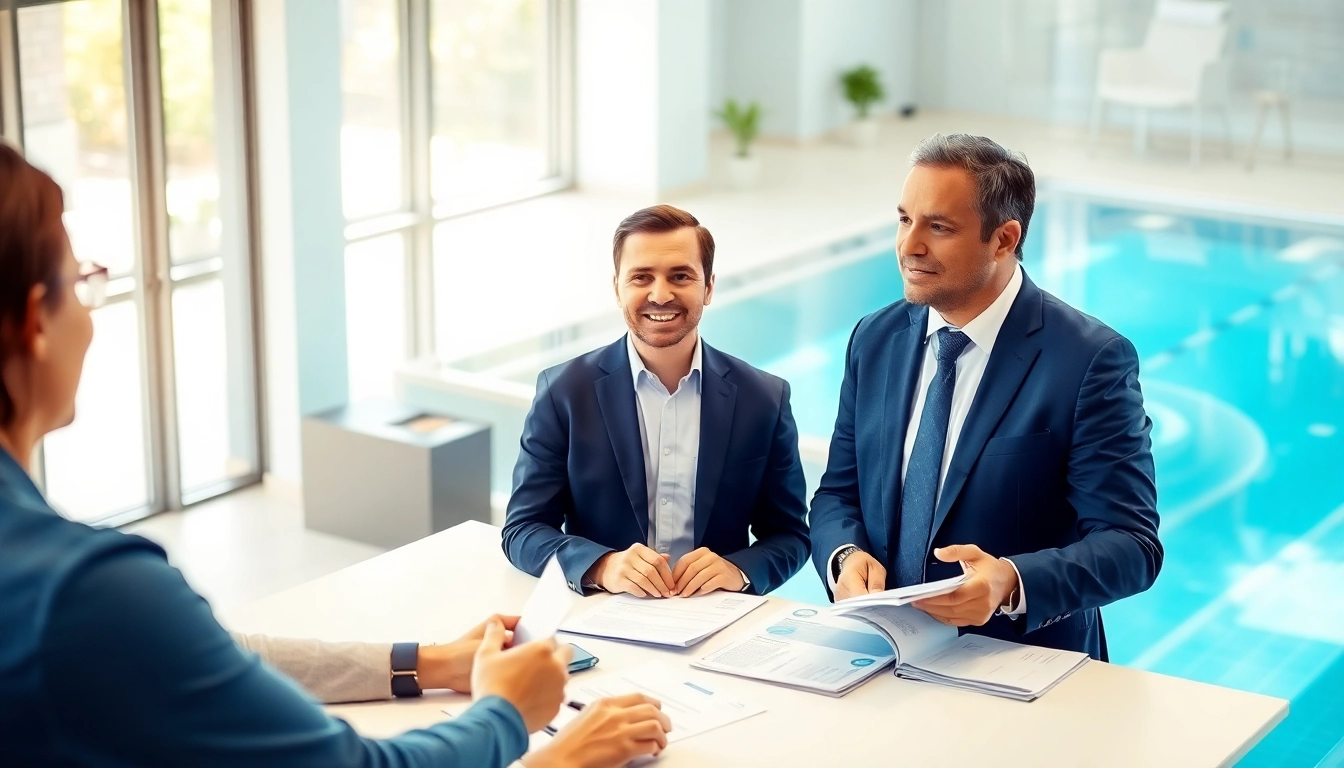 Engage in swimming pool financing consultations with a professional against a backdrop of a stunning pool.