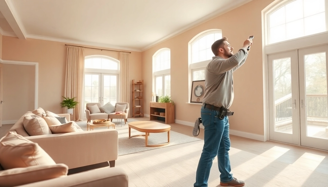 Interior painting demonstration with a painter applying fresh paint in a bright living room.