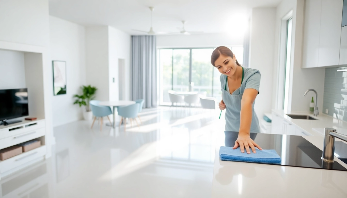 Bond cleaning Brisbane with a professional cleaner ensuring shiny, spotless surfaces in a bright apartment.