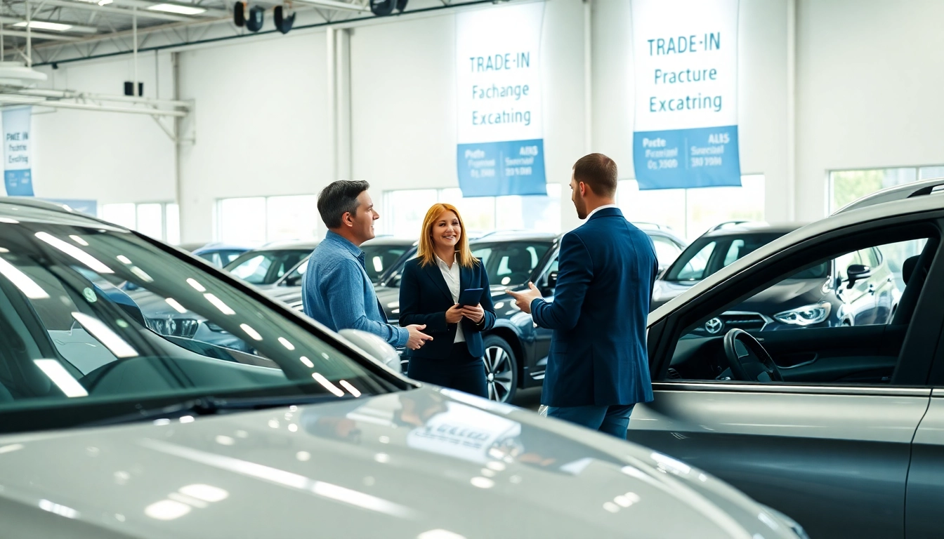 Showcasing a part exchange deal for cars, highlighting interaction between the salesperson and customer.