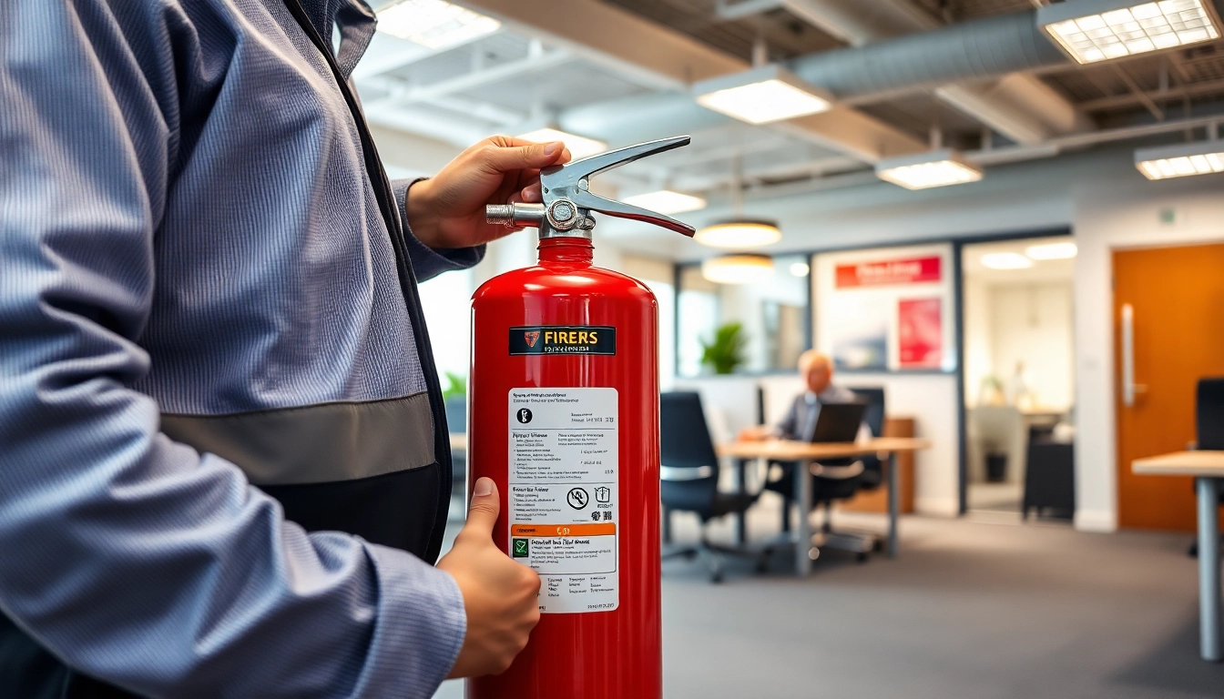 Technician conducting fire extinguisher servicing Cannock in a modern office environment.