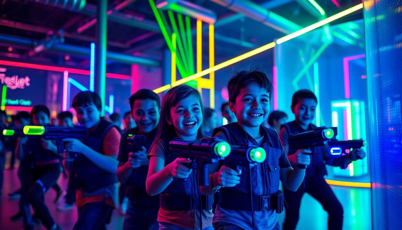 Players engaged in an exciting laser tag battle in a vibrant arena with neon lights.