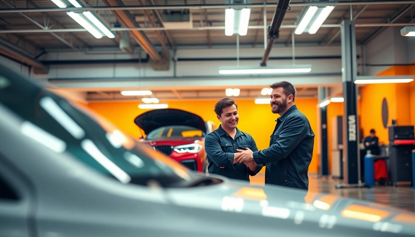 Get reliable car service in Atlanta with professional mechanics helping customers in a modern garage setting.