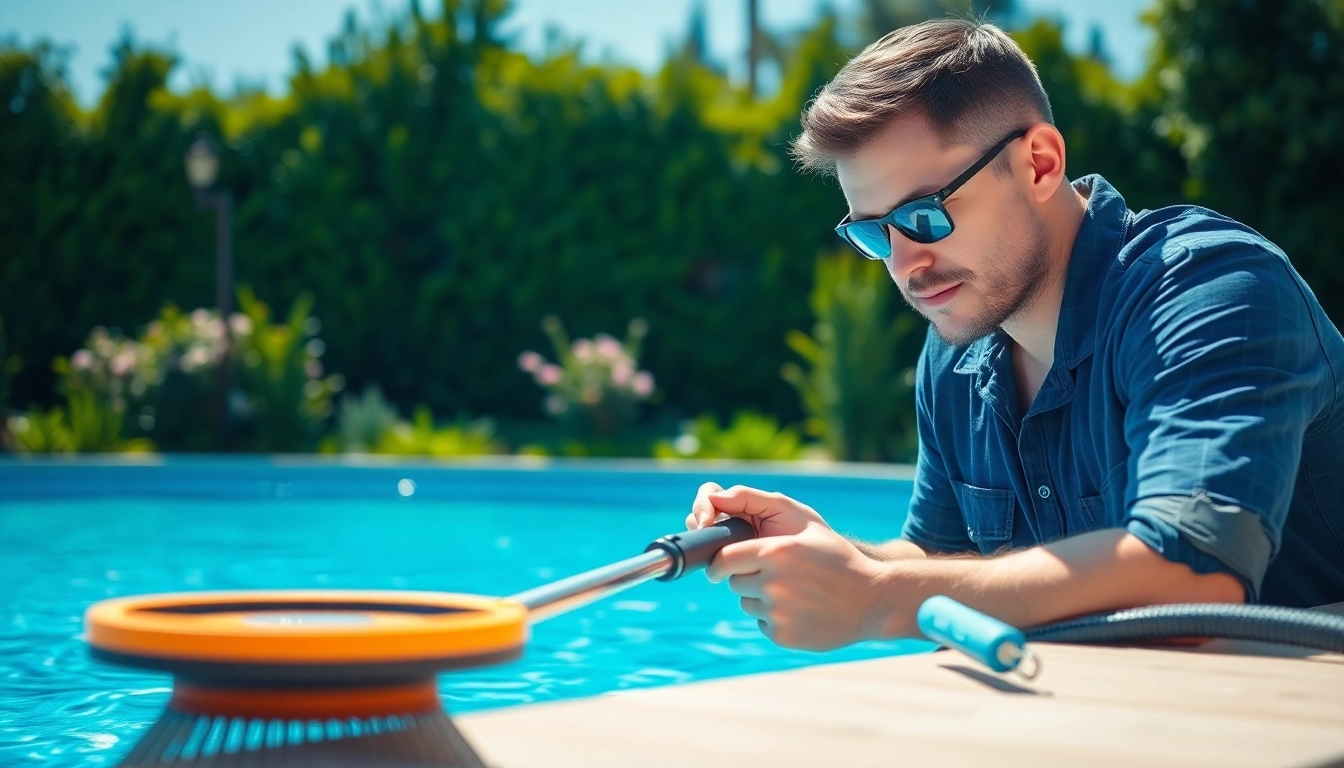 Expert pool cleaning service near me showcasing a technician maintaining a sparkling pool.