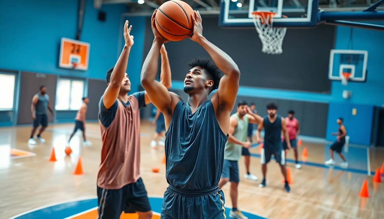 Showcase players engaged in the best basketball training programs, featuring a coach guiding them in an intense workout.