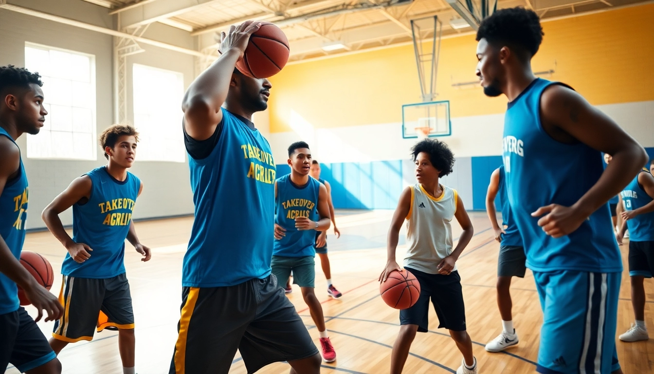 Young athletes practicing at Takeover Basketball Academy, demonstrating skills and teamwork in a vibrant gym setting.