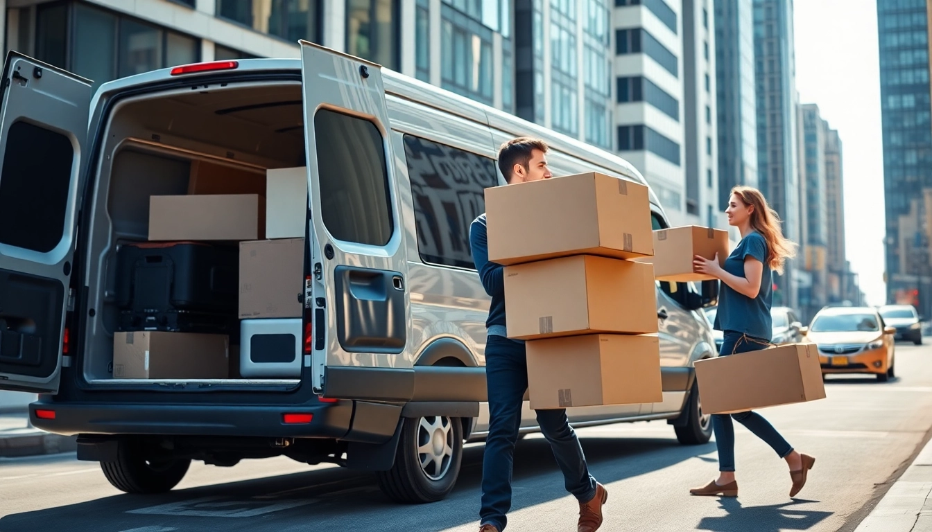 Efficient man and van moving service unloading furniture in a busy urban environment.