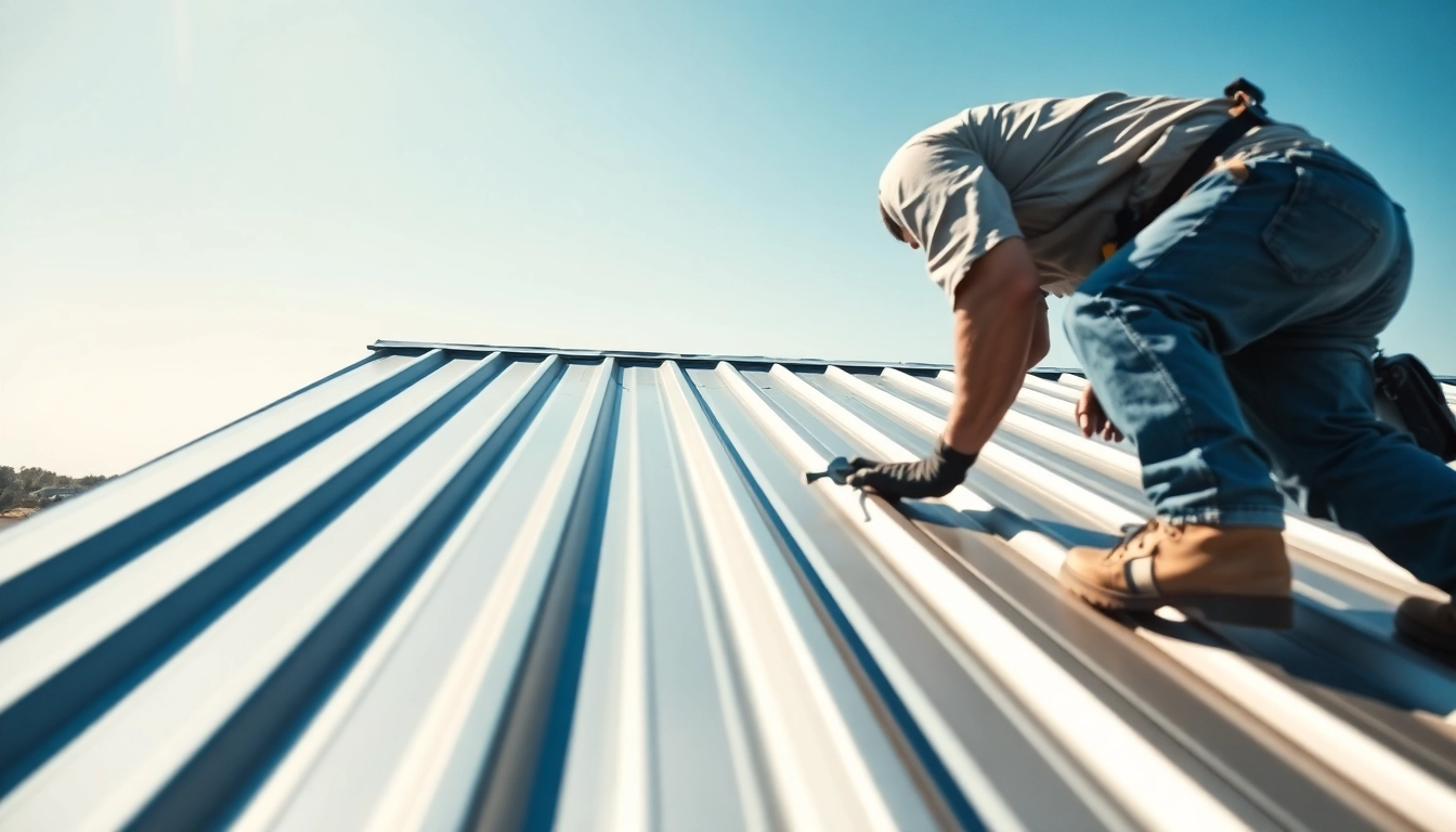 Engaging metal roofing installation Austin showcasing a skilled contractor working on a new metal roof.