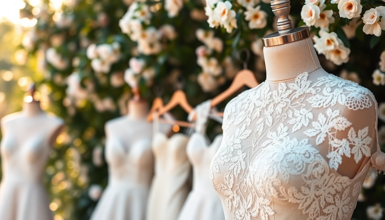 Lace Wedding Dresses beautifully showcased against a romantic garden backdrop, perfect for bridal inspiration.