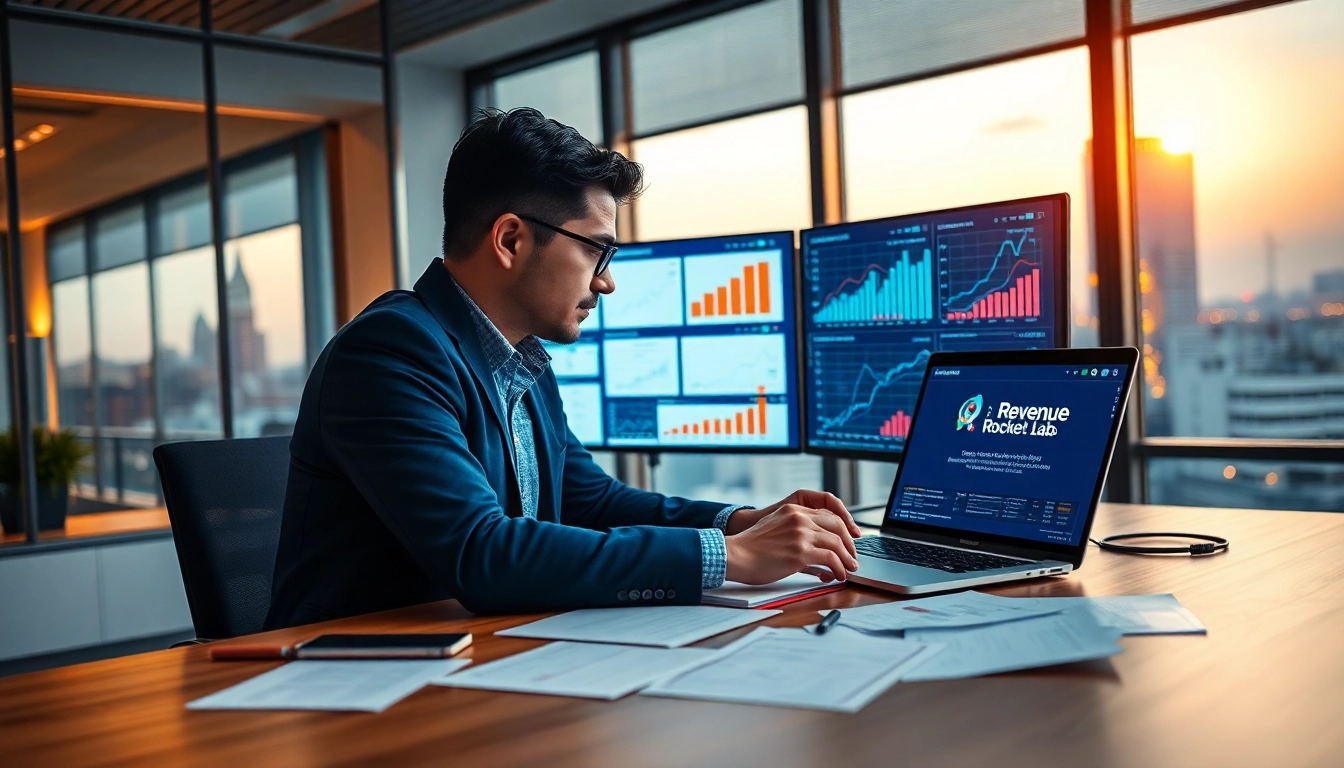 Analyze charts depicting Revenue Rocket Lab growth in a high-tech office environment.