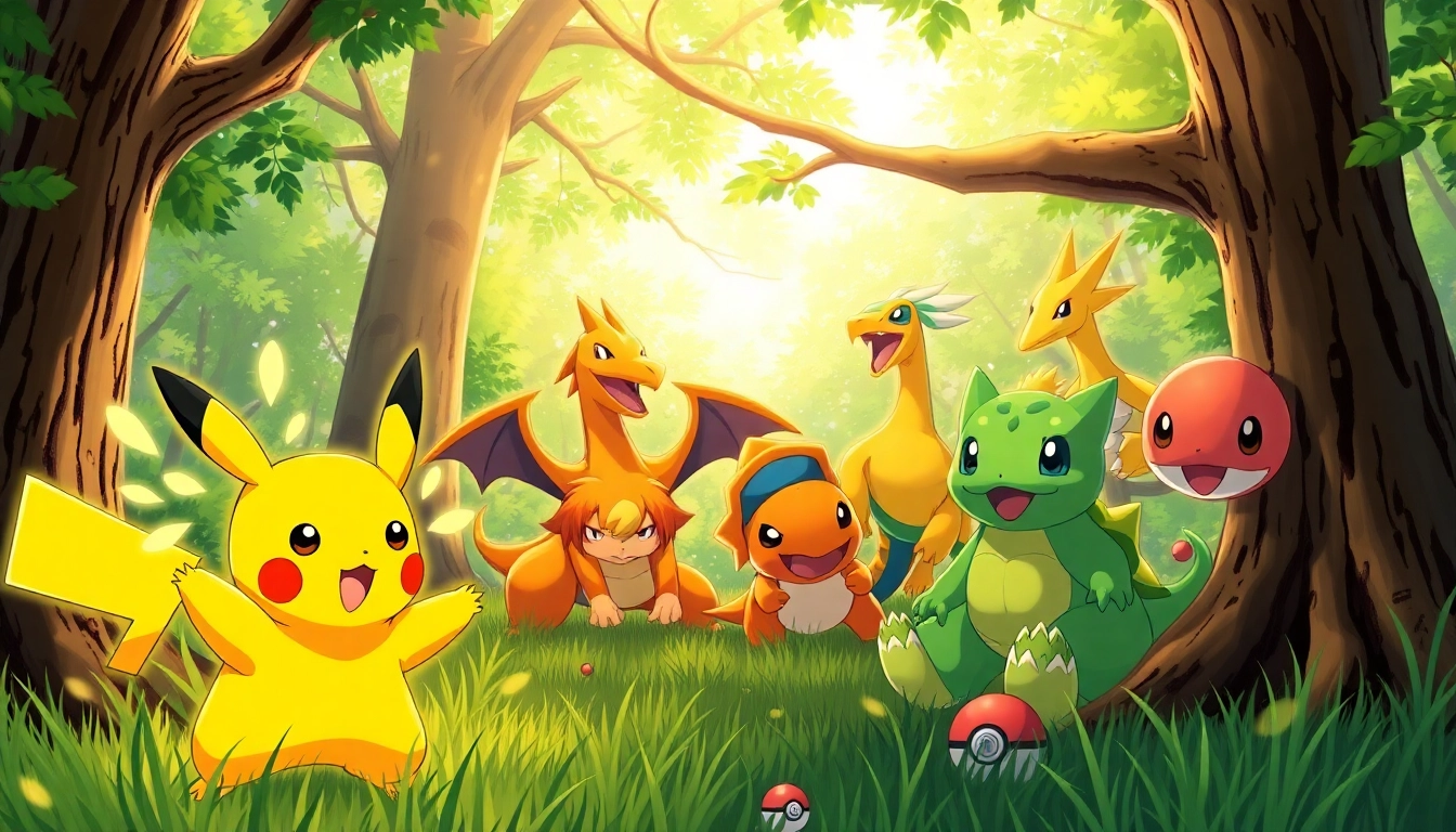 Exciting scene with Pokémon characters, including Pikachu, in a vibrant forest.