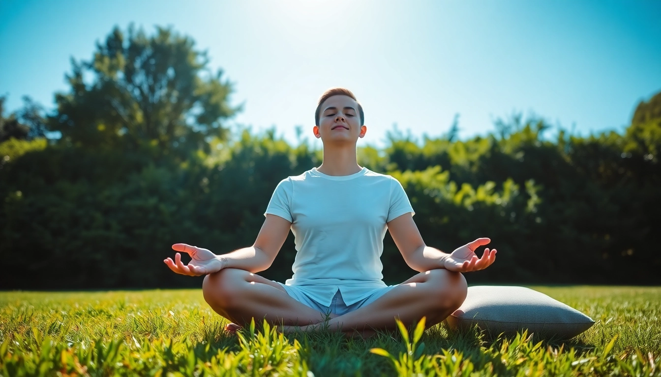 Engaging in mindfulness for dealing with stress in a serene outdoor environment.