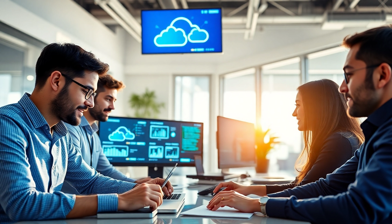 Team analyzing cloud infrastructure and DevOps services in a modern office.