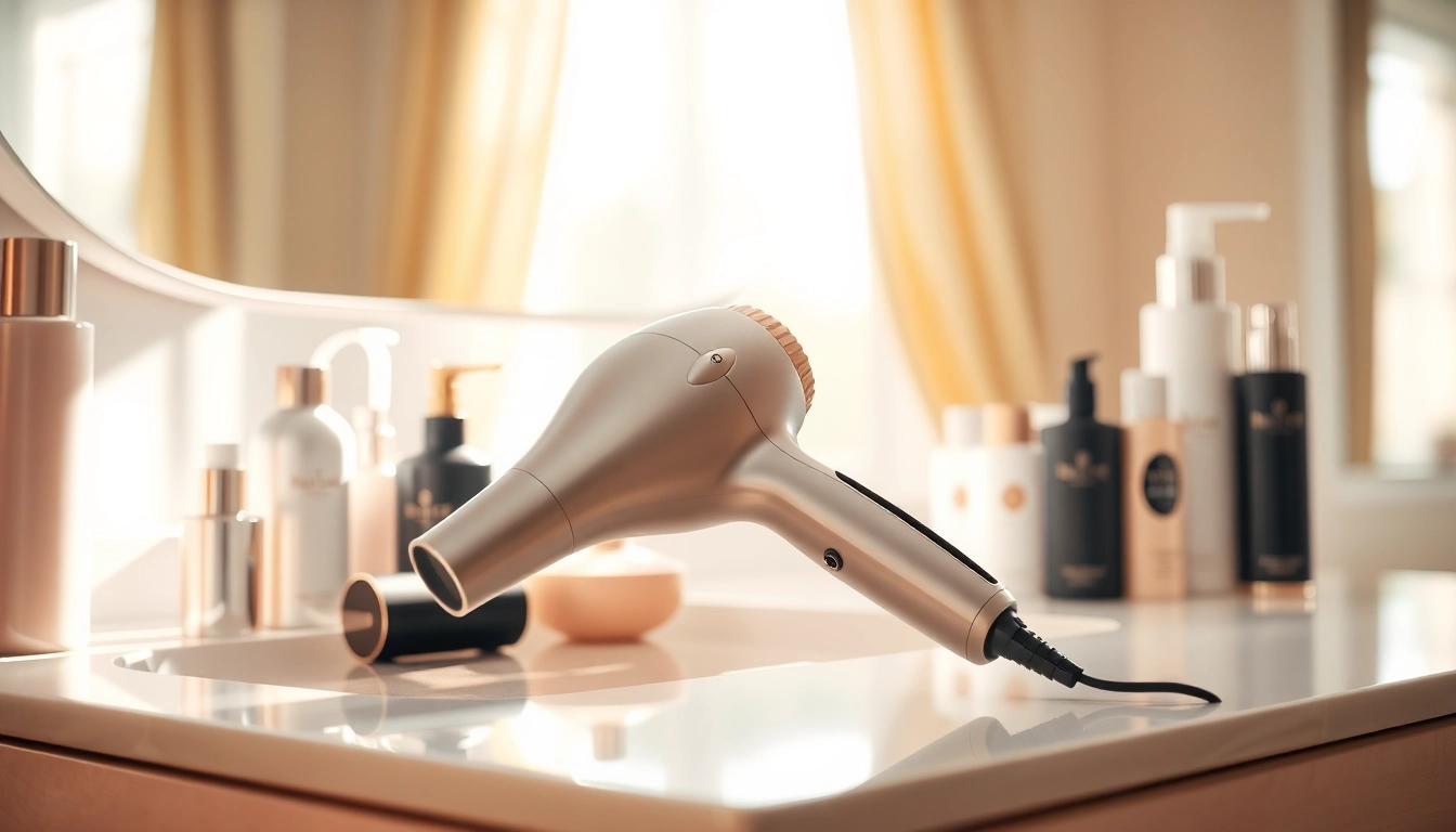 Stylish Styler hair dryer showcased on a vanity, emphasizing its sleek design and beauty product setting.