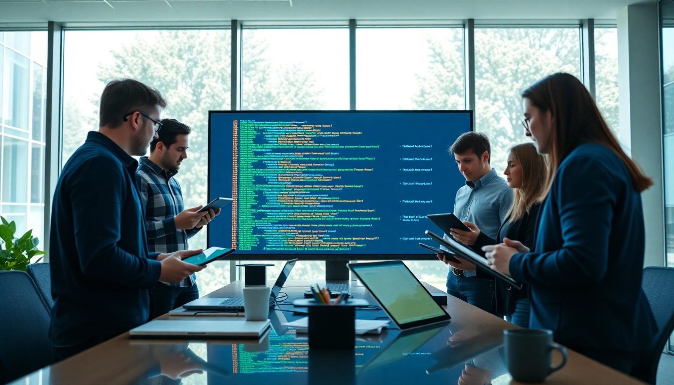 Web development team collaborating on coding projects in a bright office setting.