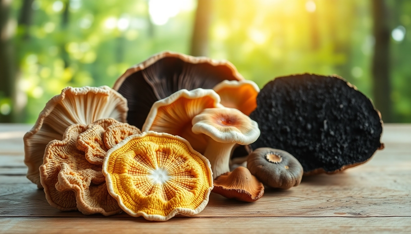 Showcase of different mushrooms forming a natural Mushroom Complex, emphasizing health and vitality.