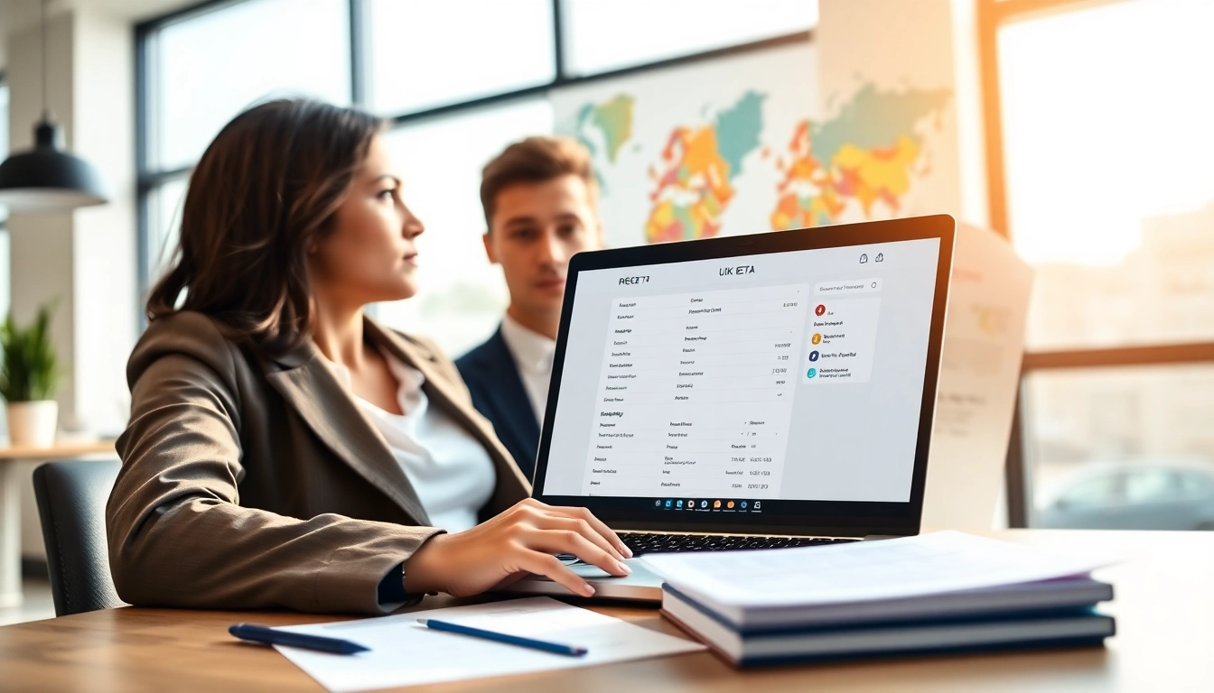 Complete your uk eta online application with ease in a modern office environment.