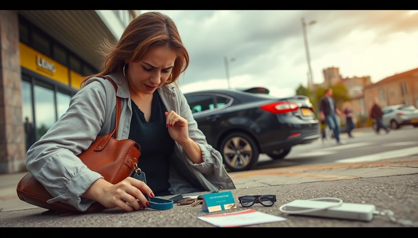 Worried person searching for lost car keys in a busy urban environment.