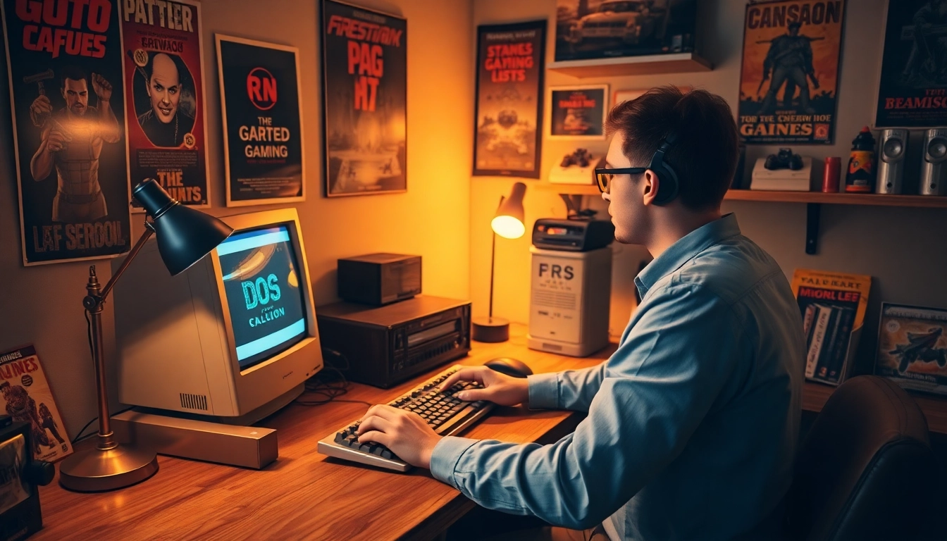 Playing classic DOS games download on a vintage computer setup with cozy ambiance.