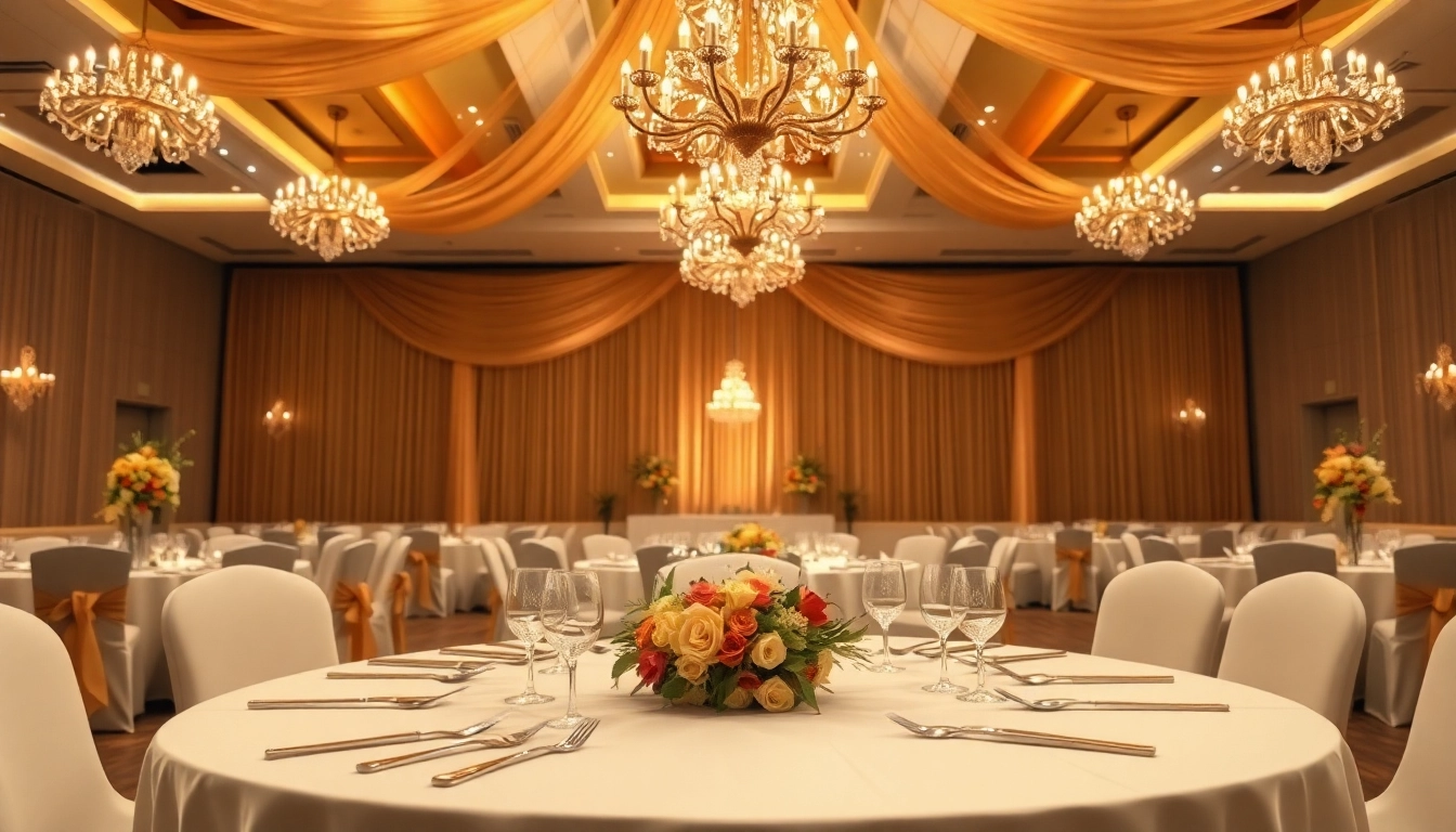 Set up for a celebration in the trenton event center featuring floral decor and elegant table settings.