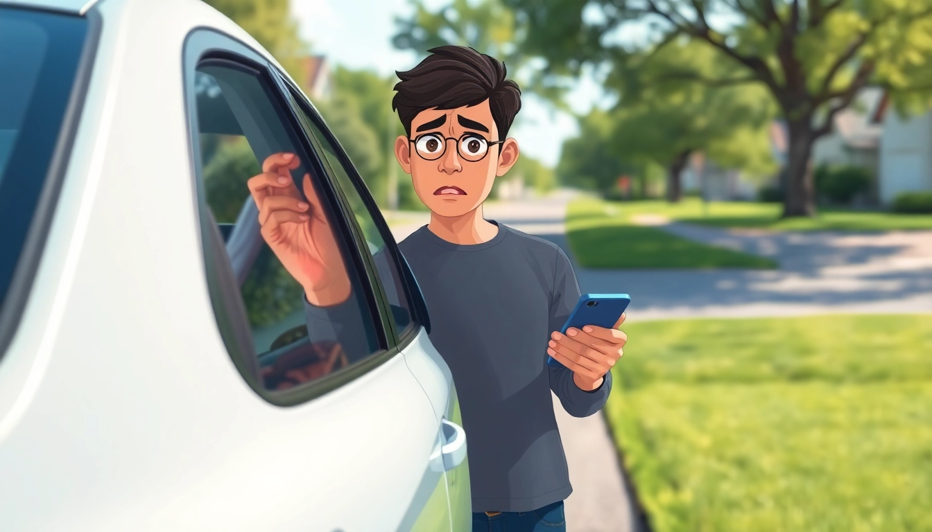 Person confused about Keys Locked in Car while holding a smartphone, standing beside a locked vehicle.