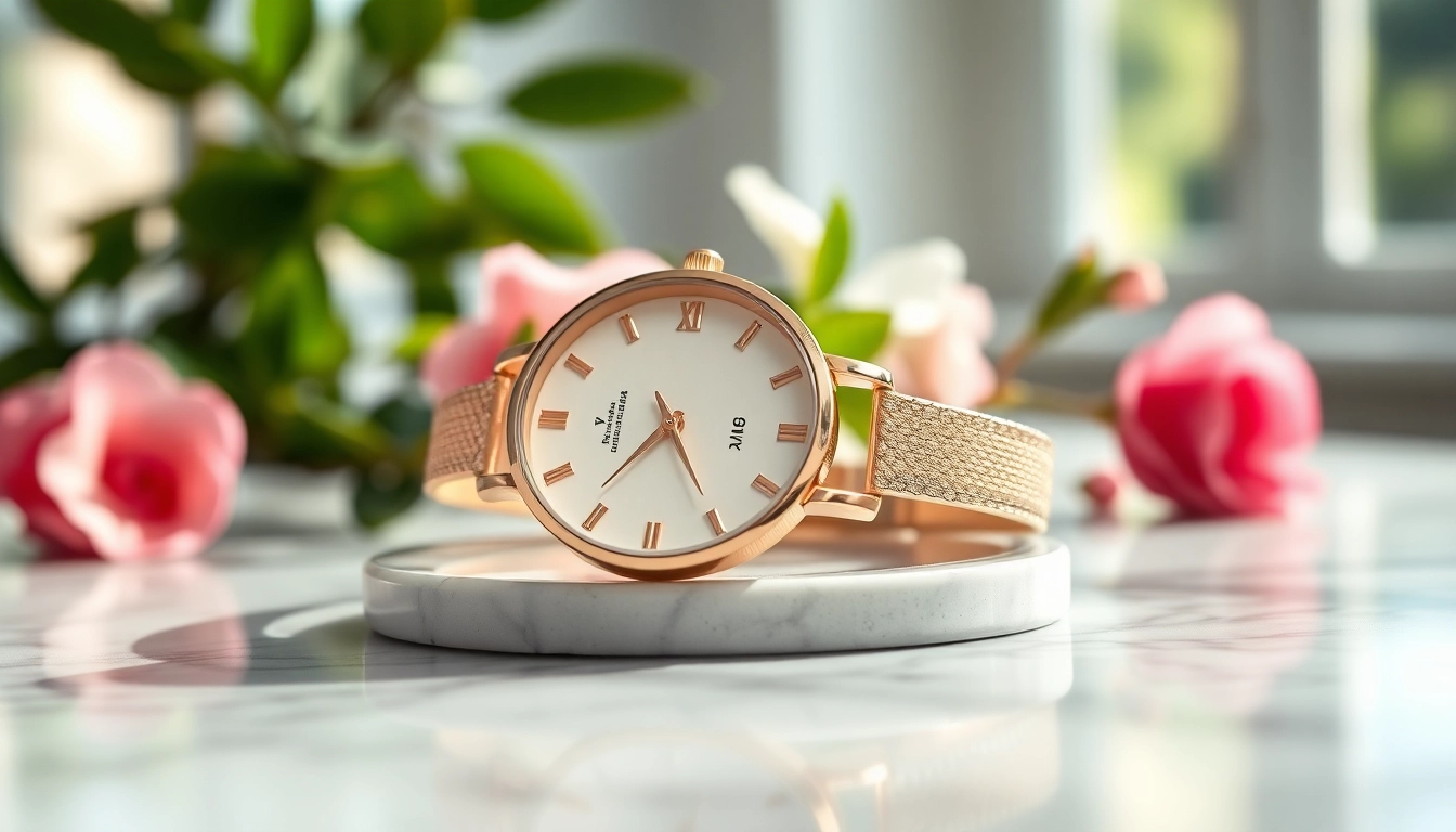Elegante Damen Armbanduhr auf Marmoroberfläche mit minimalistischen Design und rosegoldenem Armband.
