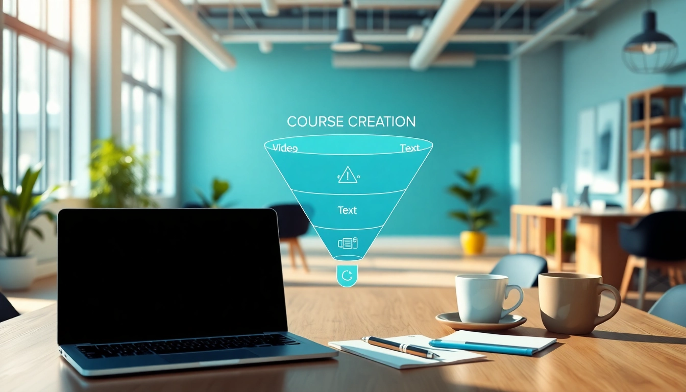 Visual diagram illustrating Funnels for course creators in a modern workspace setting.