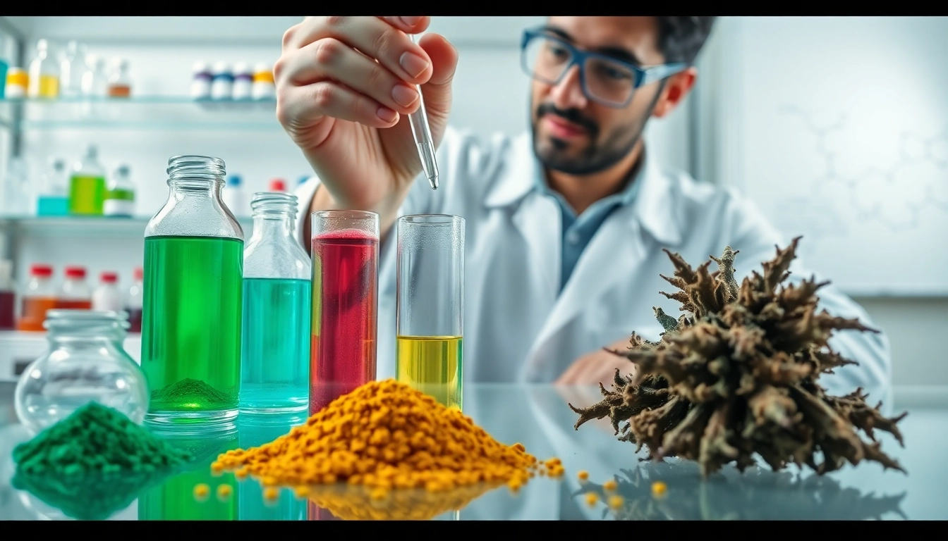 Understanding synthetic cannabinoids in a lab setting with colorful substances and scientific apparatus.