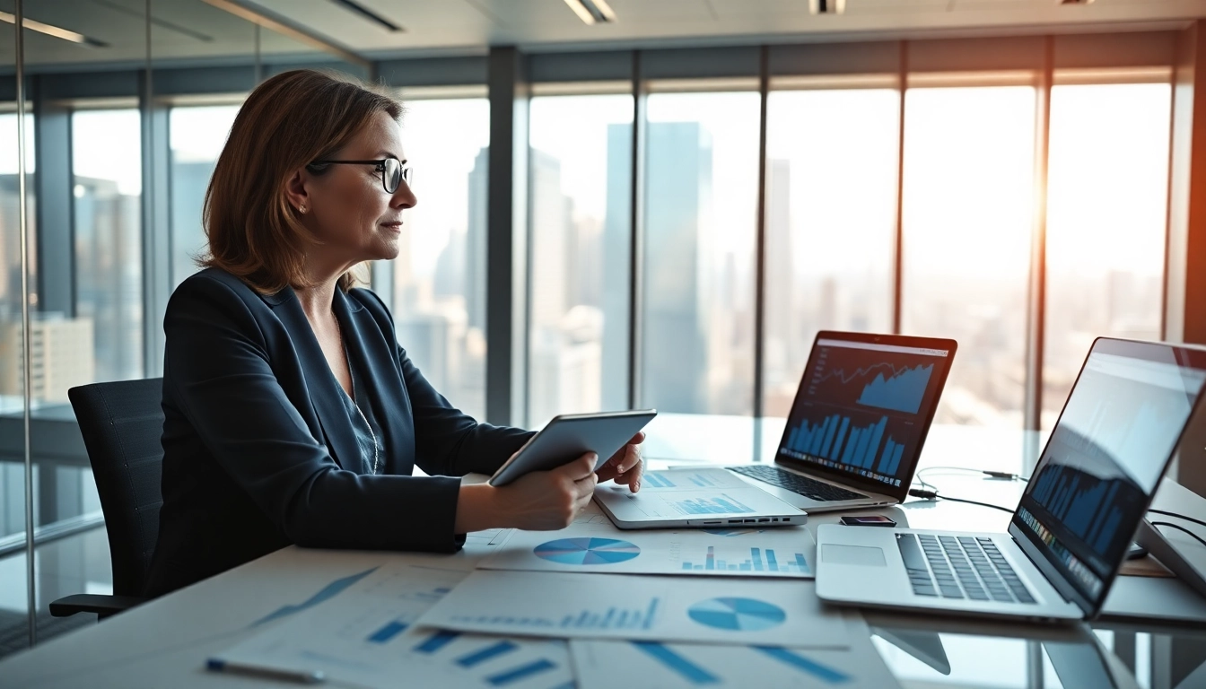 Analyze competitive intelligence data in a modern office with a business analyst.