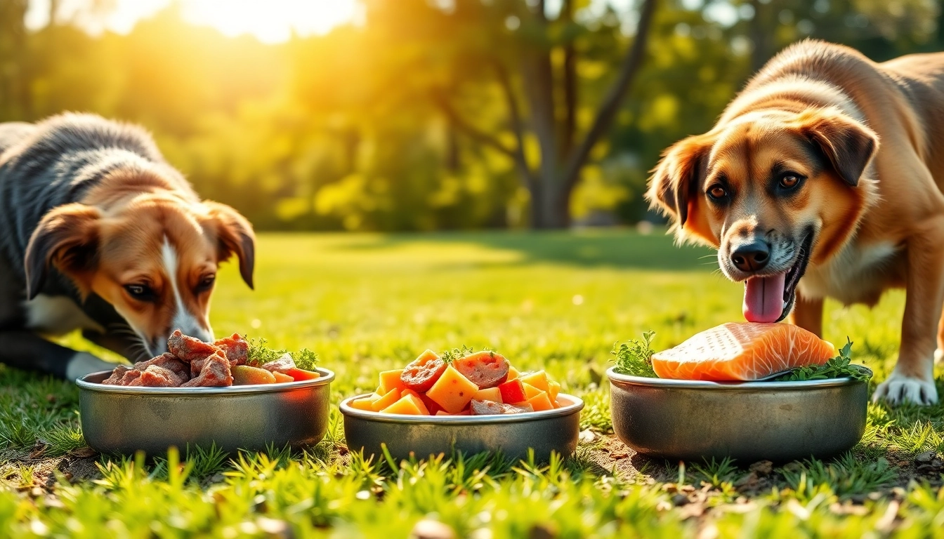 Showcase of badlands ranch dog food canada in an outdoor setting with happy dogs enjoying nutritious bowls.