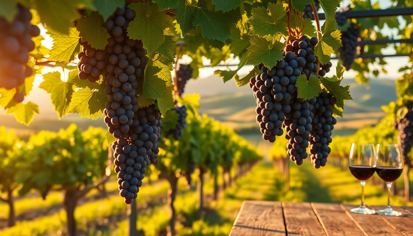 Savor wineries in Clarksburg with vibrant vineyards and ripe grapes under warm, golden hour light.