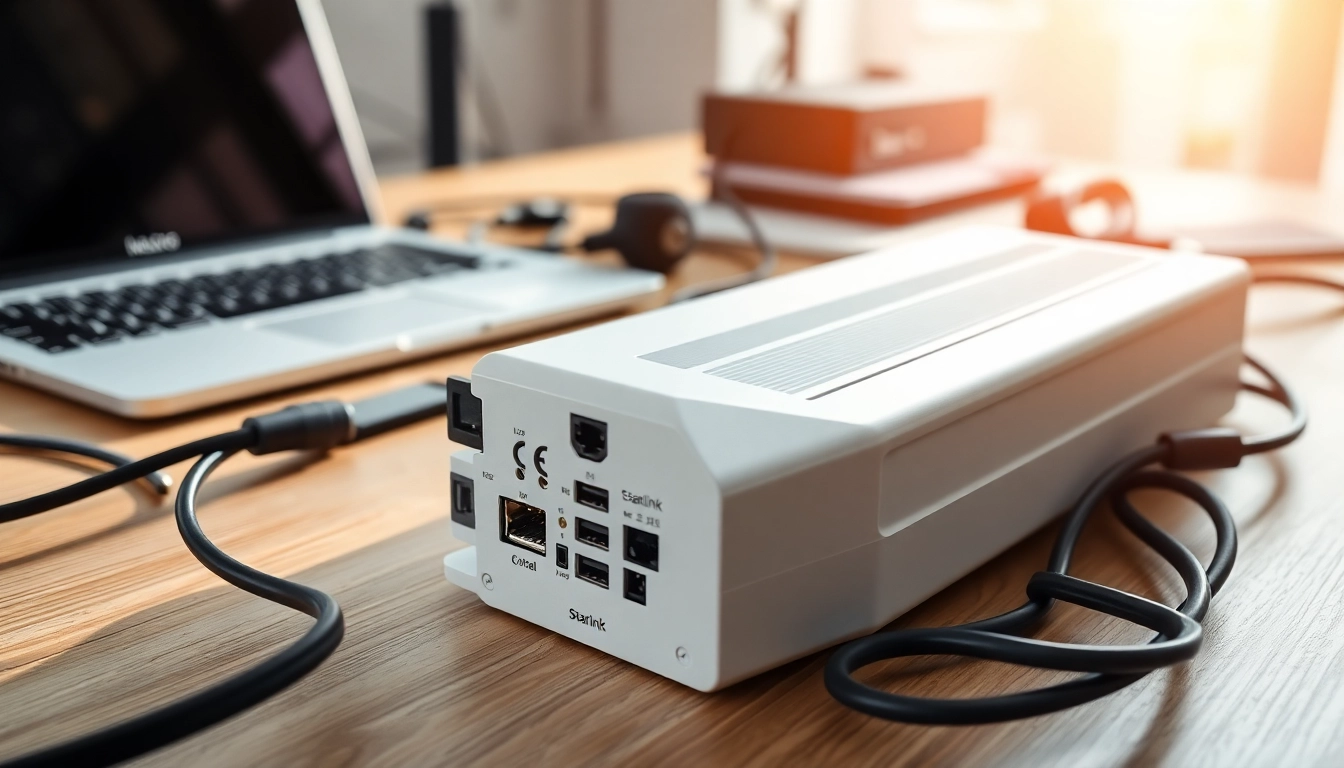 Showcasing the starlink mini 12v power supply with detailed features on a modern desk setup.