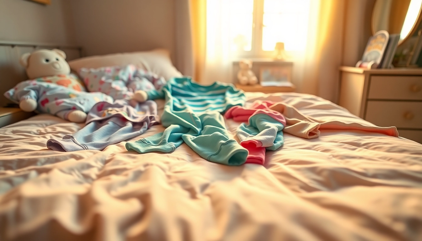 Kids pajamas displayed in a cozy bedroom setting with soft pastel colors and warm lighting.