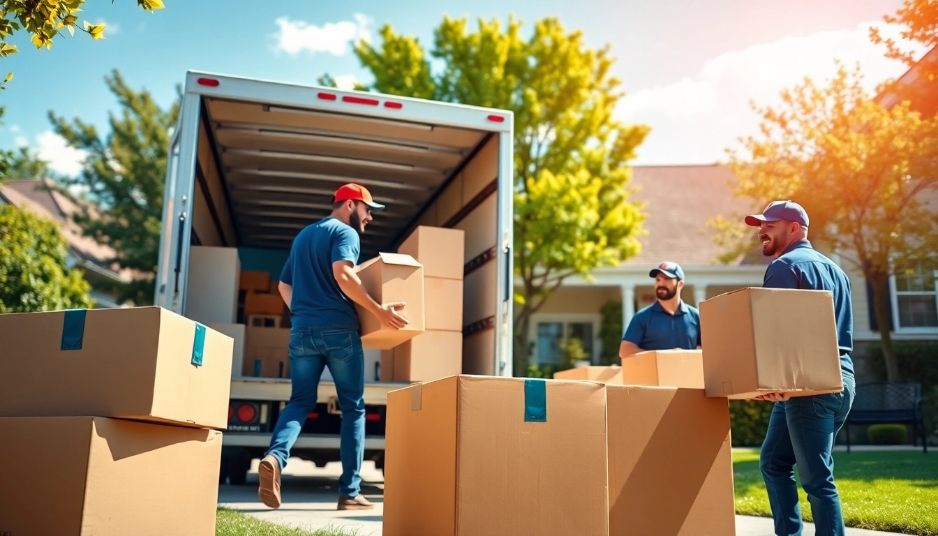 Movers from https://starvanlinesmovers.com expertly loading furniture into a truck in a bright suburban setting.