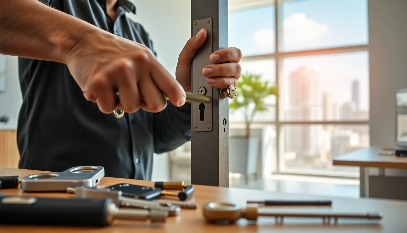 Locksmith Miami expert repairing a door lock with professional tools in Miami office.