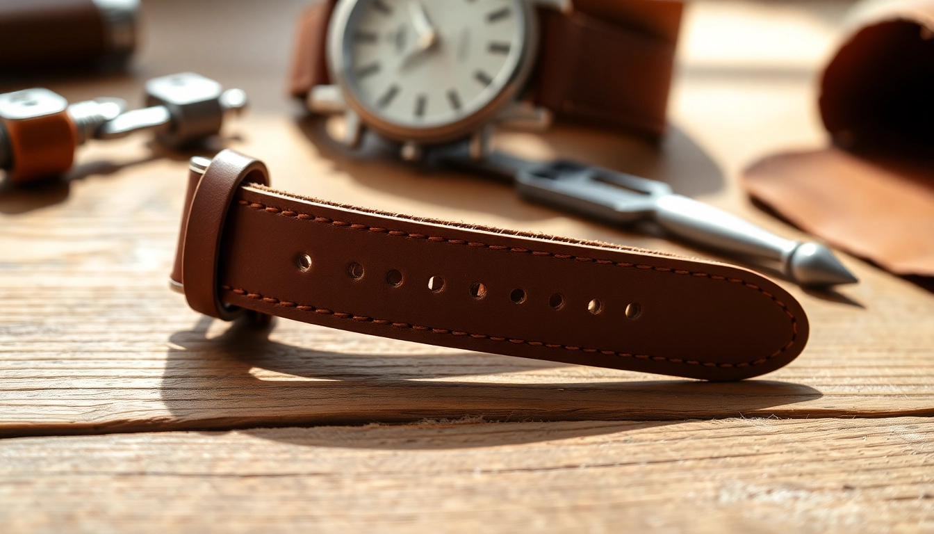Showcase high-quality leather watch straps with intricate details and warm rustic elements.