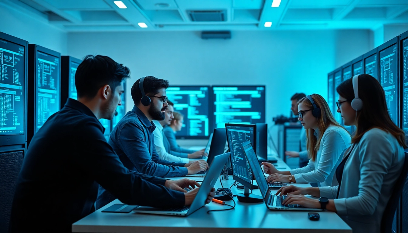 Collaborative IT support service team troubleshooting technology issues in a modern office setting.