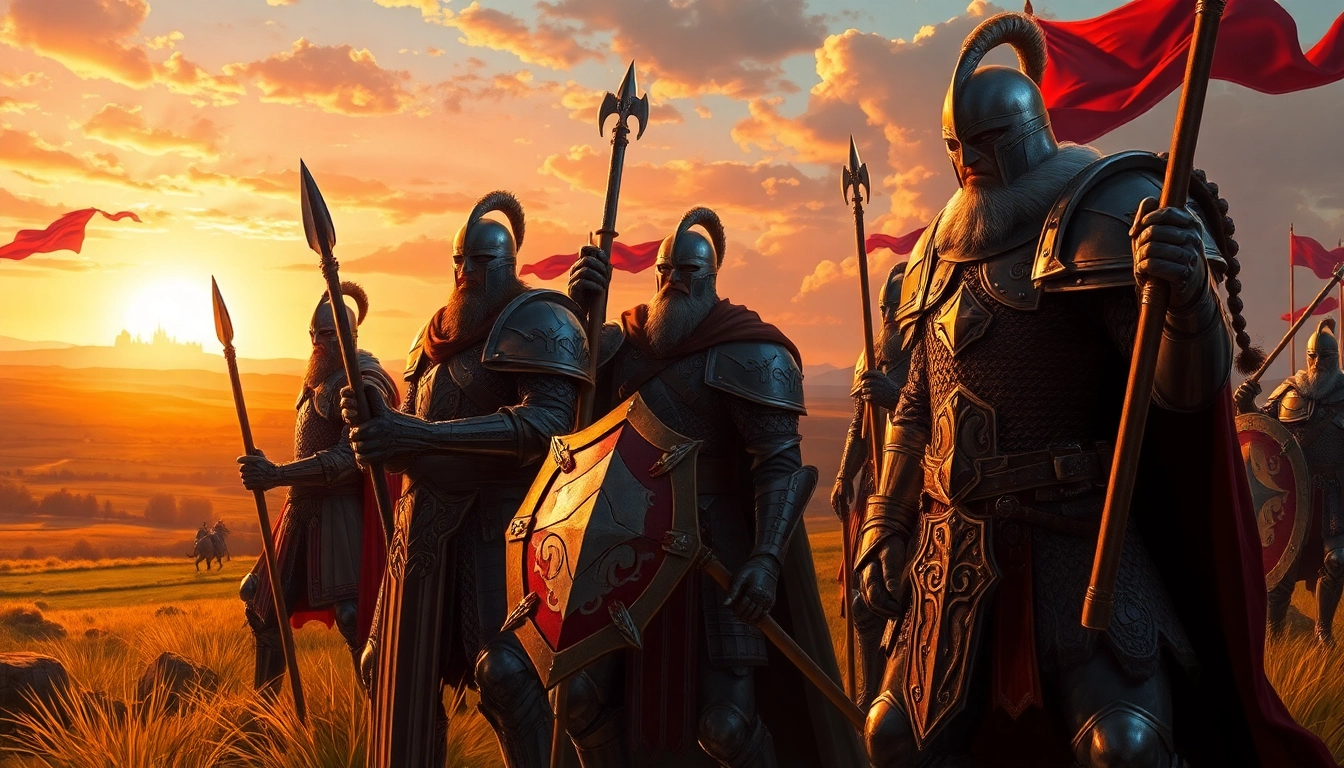 Warlords strategizing in a medieval battlefield, capturing their fierce determination and leadership.