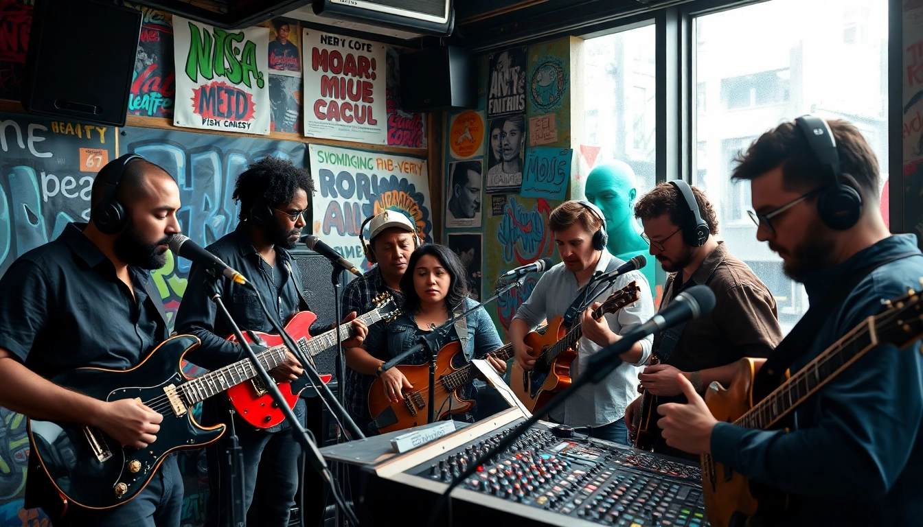 Engaging musicians utilizing music promotion services in an urban studio.