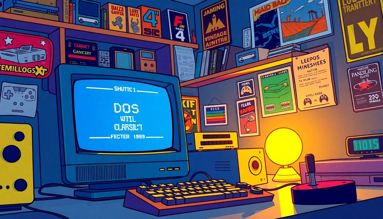 Engage with classic DOS games in a nostalgic gaming setup featuring a retro monitor and memorabilia.