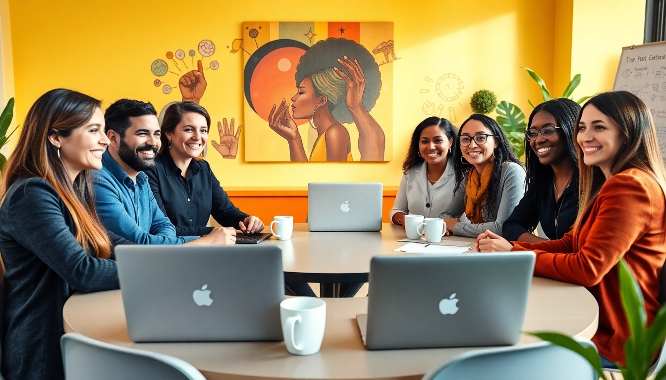 Highlighting Callzent Culture through a diverse team collaboration in a vibrant office.