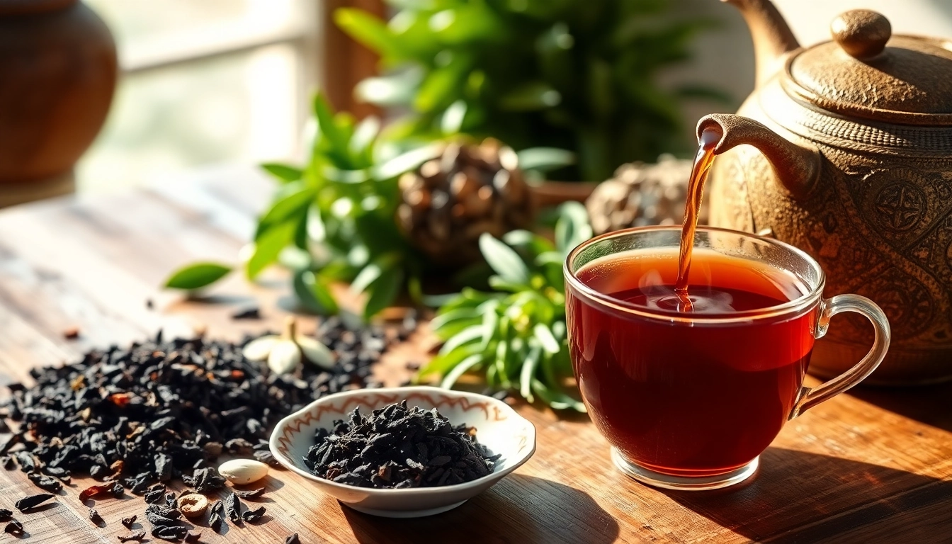 Brew a rich cup of loose leaf black tea with freshly steeped leaves and a steaming cup.