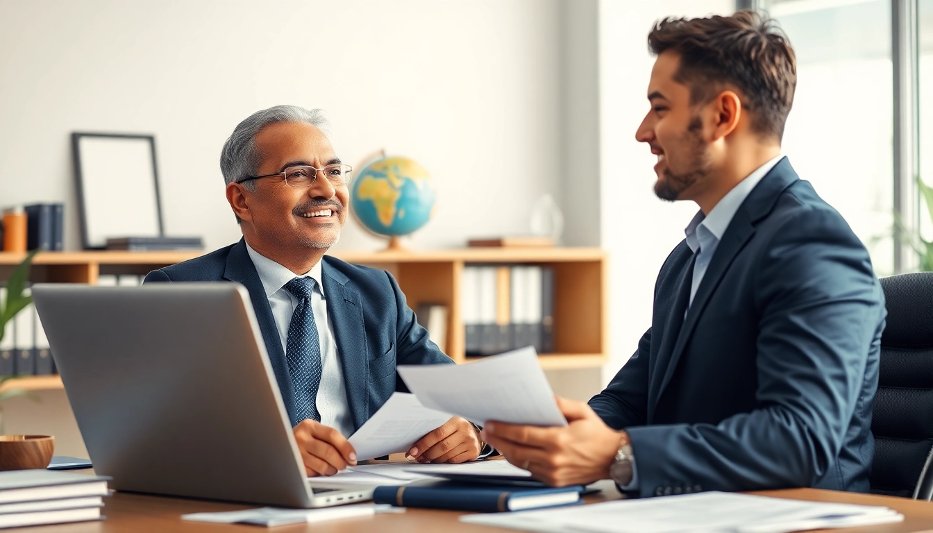 Immigration Consultant assisting clients in a professional office setting with documents and digital devices.