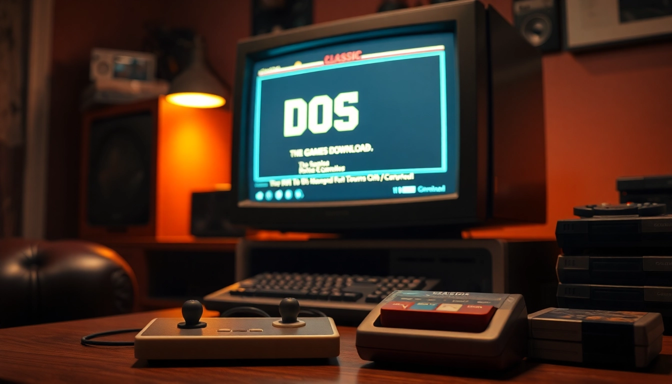 Engaging design of DOS games download interface on vintage computer setup.