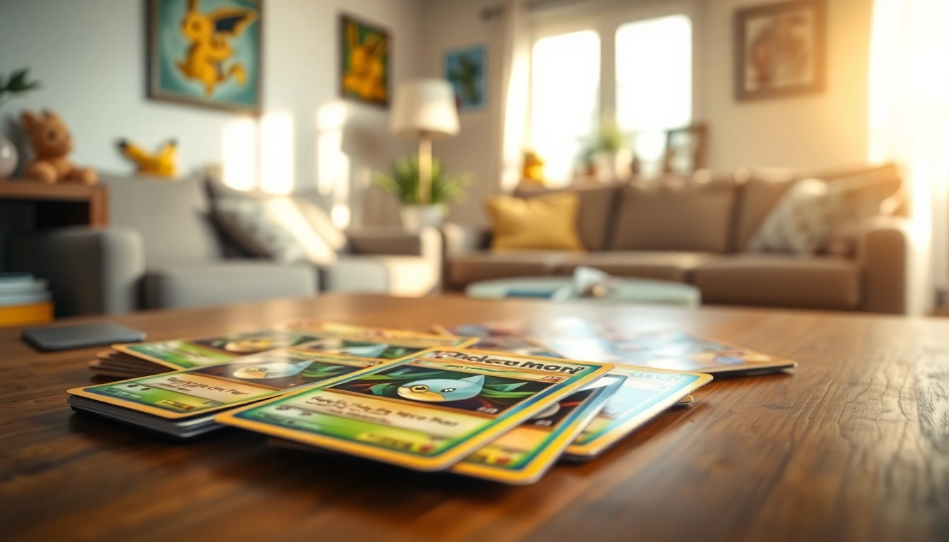 Showcasing real Pokemon cards laid out on a table, emphasizing their vibrant designs and rarity.