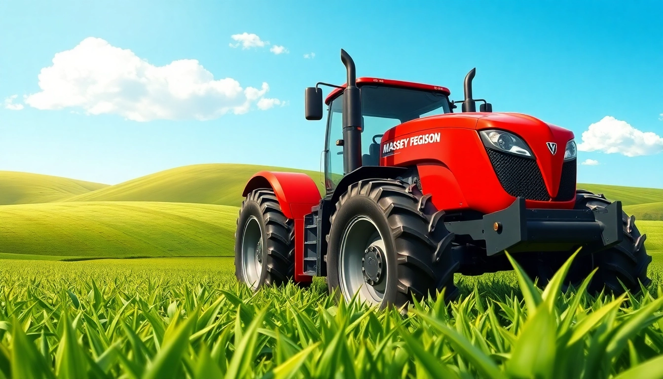 Massey Ferguson tractor working efficiently in a green field under a bright sky.